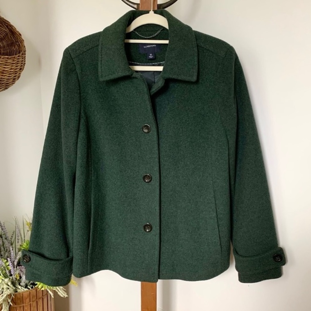 Lands End Wool Cashmere Luxe Pea Coat Winter Jacket in pine green 12 LG XL